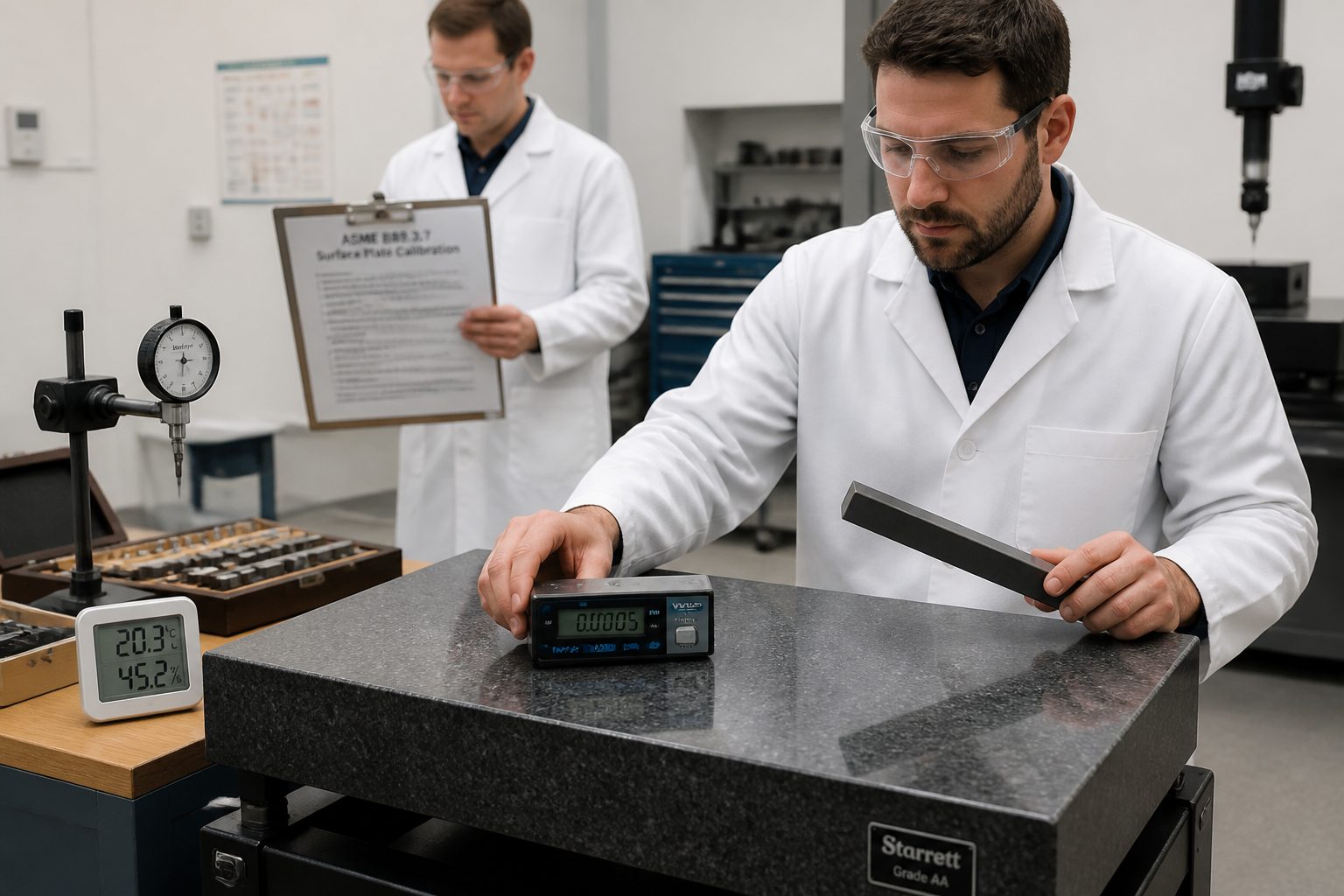 A metrology technician calibrates a granite surface plate using precision instruments while a colleague reviews an ASME B calibration procedure document.