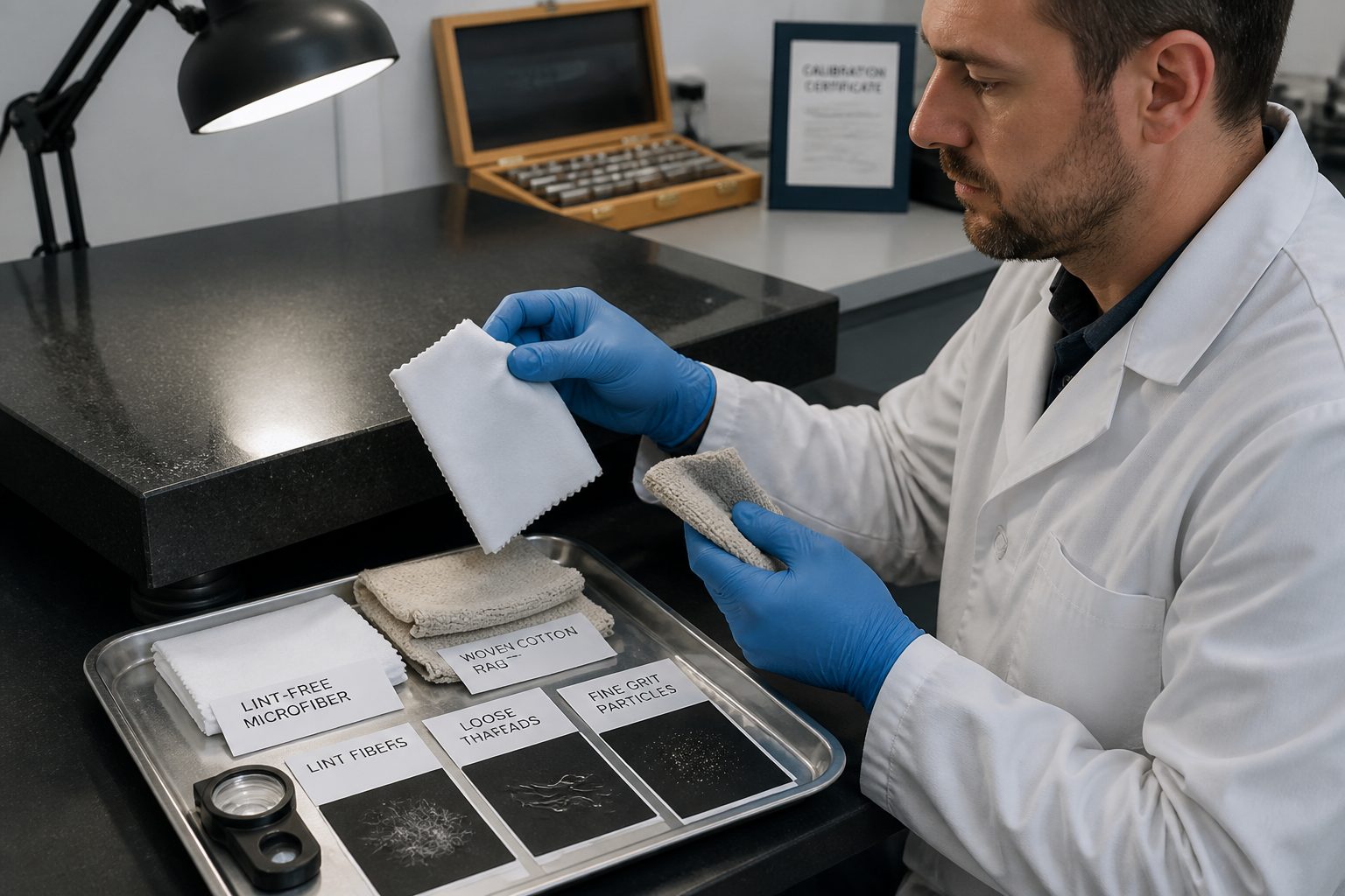 A lab technician in a metrology lab compares lint free cloths next to a granite surface plate while inspecting lint fibers and grit.