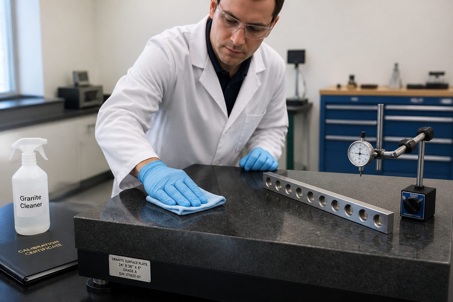A lab technician in gloves wipes a granite surface plate with a lint free cloth beside precision metrology tools.