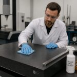 A male metrology technician in a lab coat wipes a granite surface plate with a microfiber cloth next to a granite cleaner bottle and precision measuring tools.