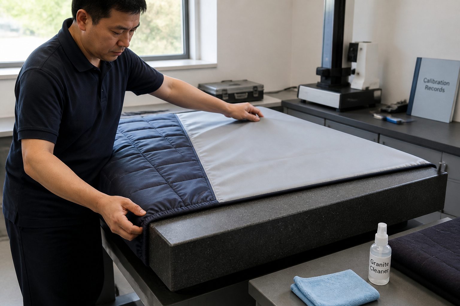 A metrology technician fits a protective cover over a granite surface plate in a calibration lab.