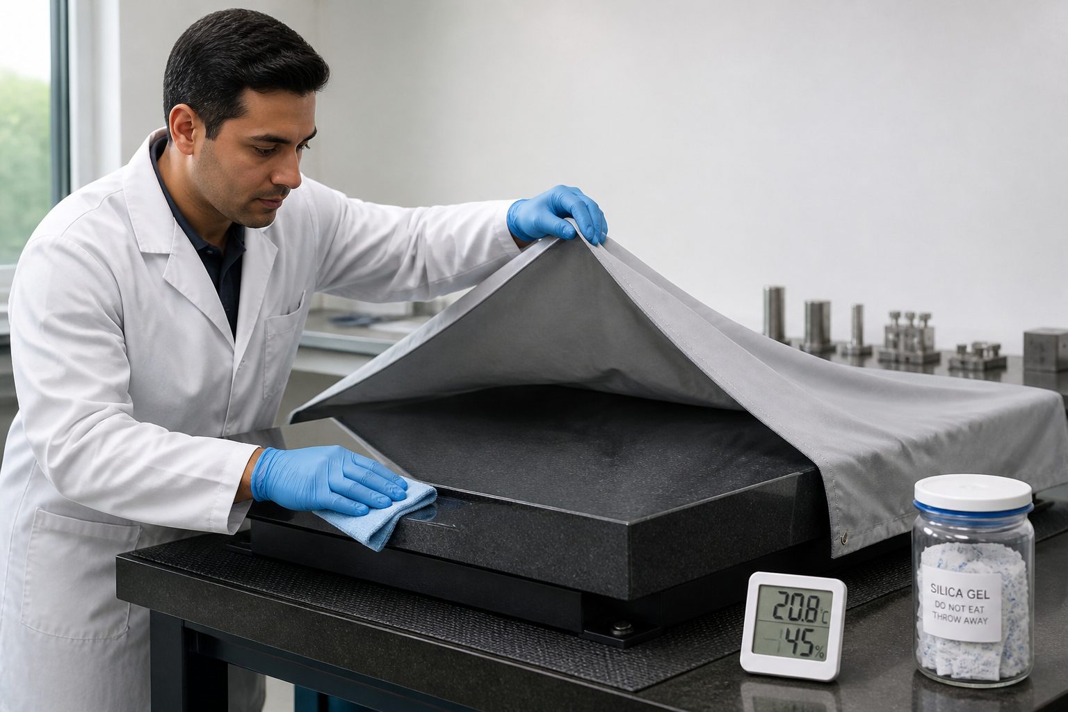 A lab technician in a metrology lab gently covers a granite surface plate while wiping it to avoid trapping dust and moisture.
