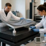 Two lab technicians cover a granite surface plate with a raised breathable cover to avoid trapping dust or moisture.