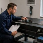 A male metrology technician calibrates a granite surface plate while checking temperature and humidity sensors in a lab.