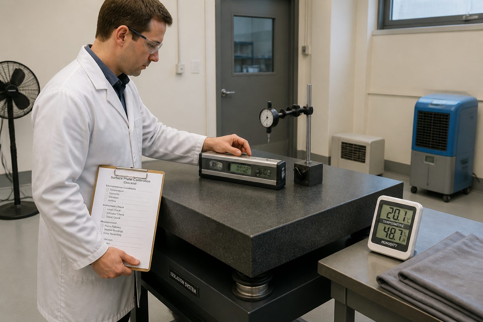 A metrology technician calibrates a granite surface plate while temperature and humidity monitors and airflow equipment show environmental conditions in the lab.