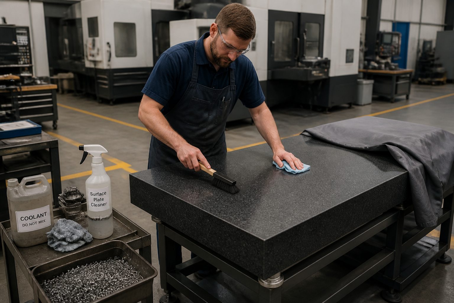 A metrology technician cleans a granite surface plate in a machine shop with chips and coolant kept away and a marked walkway nearby.