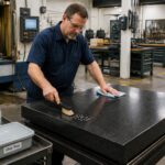 A metrology technician cleans a granite surface plate in a machine shop by brushing away metal chips and wiping the surface near coolant and foot traffic.