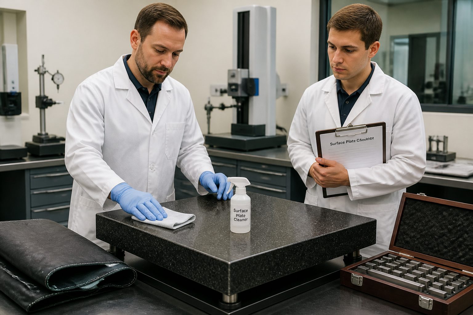 A lab technician shows a new trainee how to clean and care for a granite surface plate in a metrology lab.