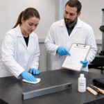 A supervisor trains a new technician to clean and care for a granite surface plate in a metrology lab.