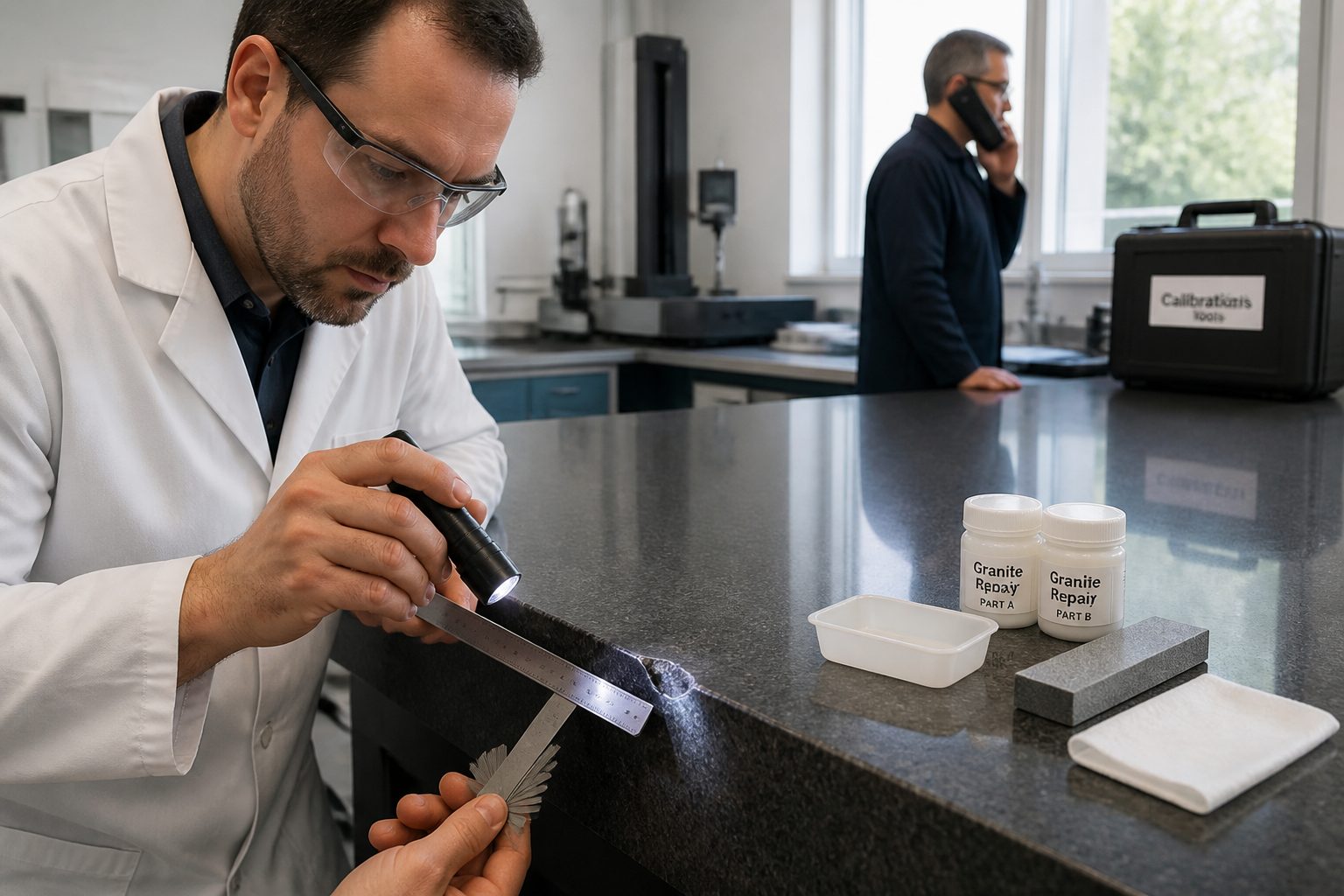 A male metrology technician inspects a small chip on a granite surface plate with a straightedge and flashlight while repair supplies sit nearby.