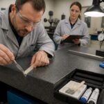 A male metrology technician applies epoxy filler to repair a chipped corner on a granite surface plate in a calibration lab.