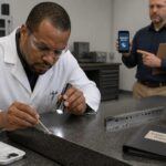 A lab technician applies epoxy to a small chip on a granite surface plate while another professional reviews notes about calibration service.