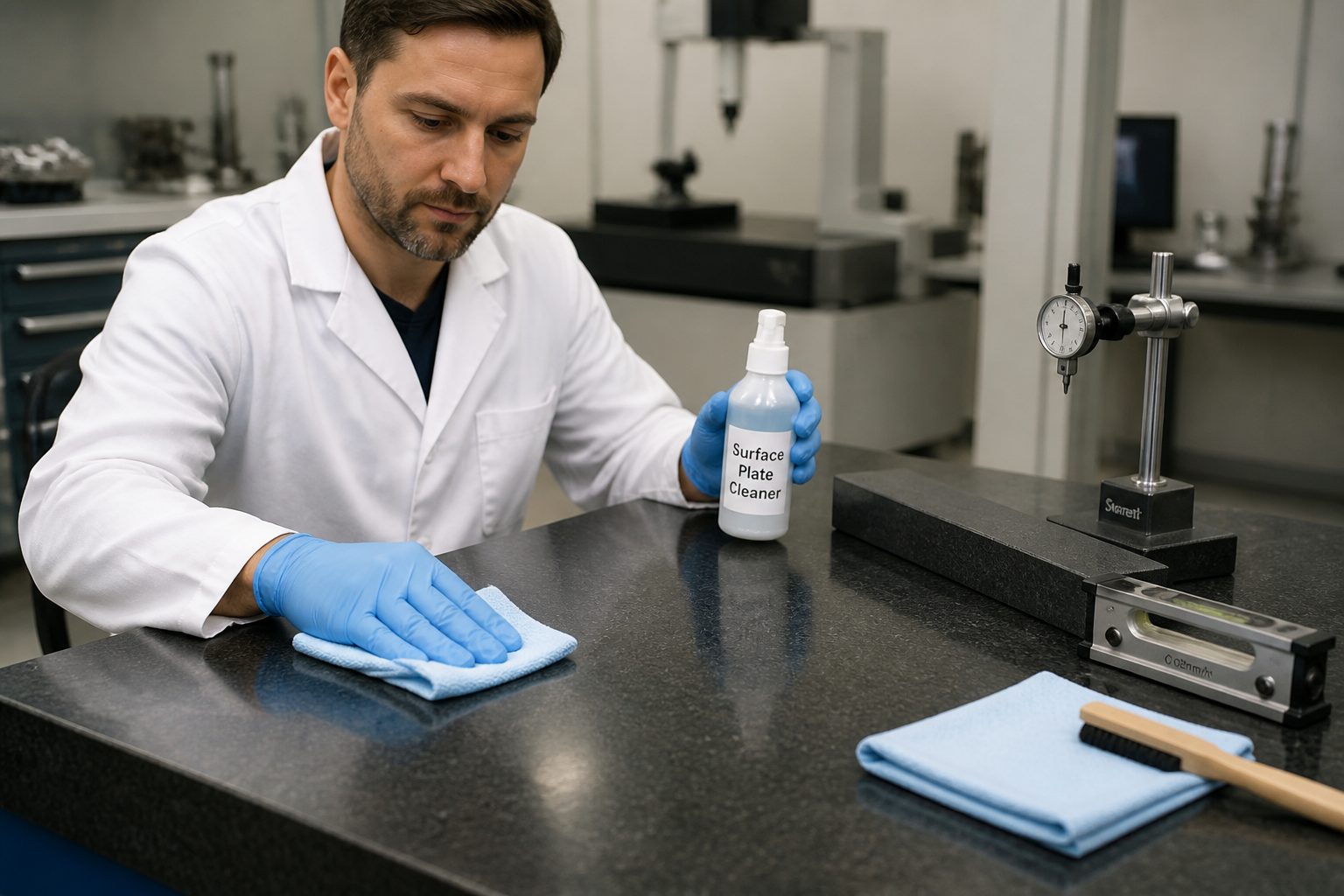 A lab technician in gloves wipes a granite surface plate with a lint free cloth while preparing it for calibration.