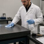 A lab technician in gloves gently wipes a granite surface plate with a lint free cloth while preparing it for calibration.