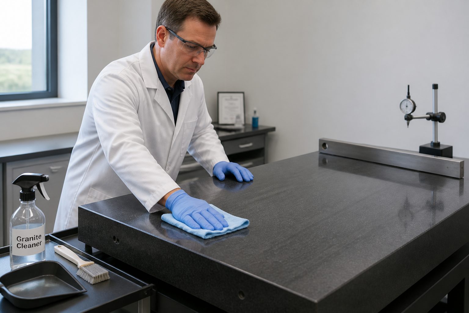 A lab technician wearing gloves wipes a granite surface plate with a lint free cloth and cleaner in a calibration lab.