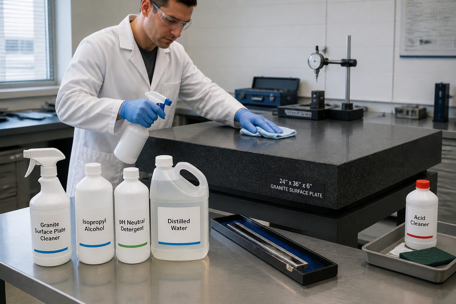 A lab technician in gloves wipes a granite surface plate with a microfiber cloth while safe cleaning product bottles sit on a nearby bench.
