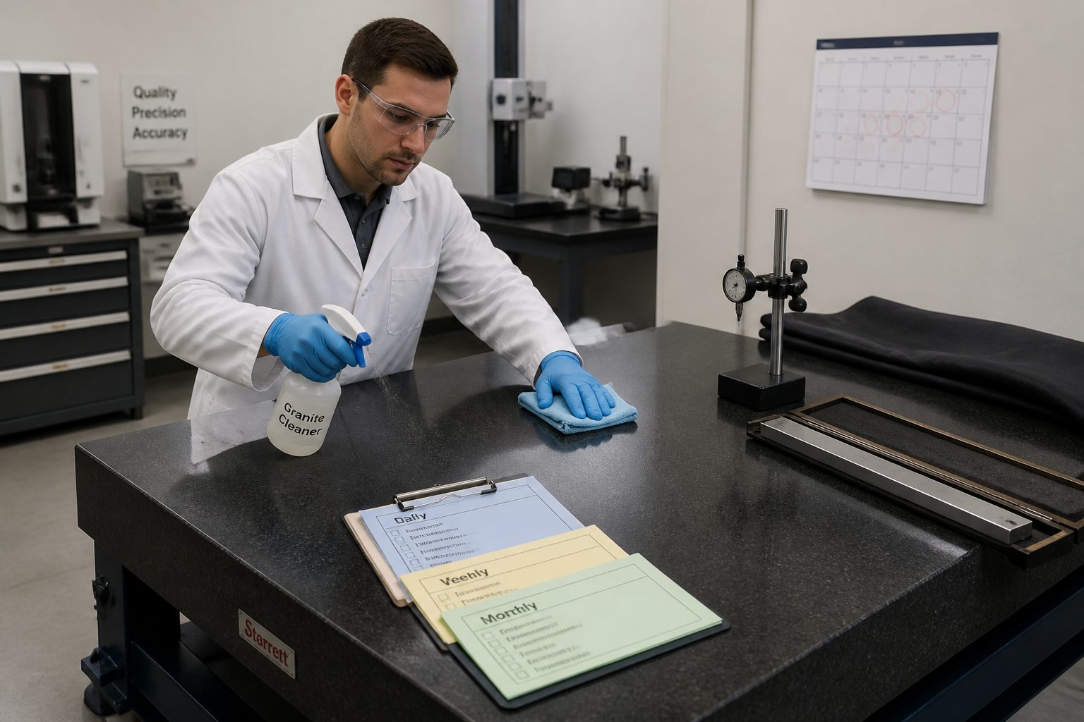 A lab technician in a metrology lab wipes a granite surface plate with a microfiber cloth while holding a cleaner bottle and routine checklists.