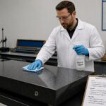 A lab technician in a metrology lab wipes a granite surface plate with a microfiber cloth while holding a granite cleaner spray bottle next to a checklist labeled daily weekly and monthly.