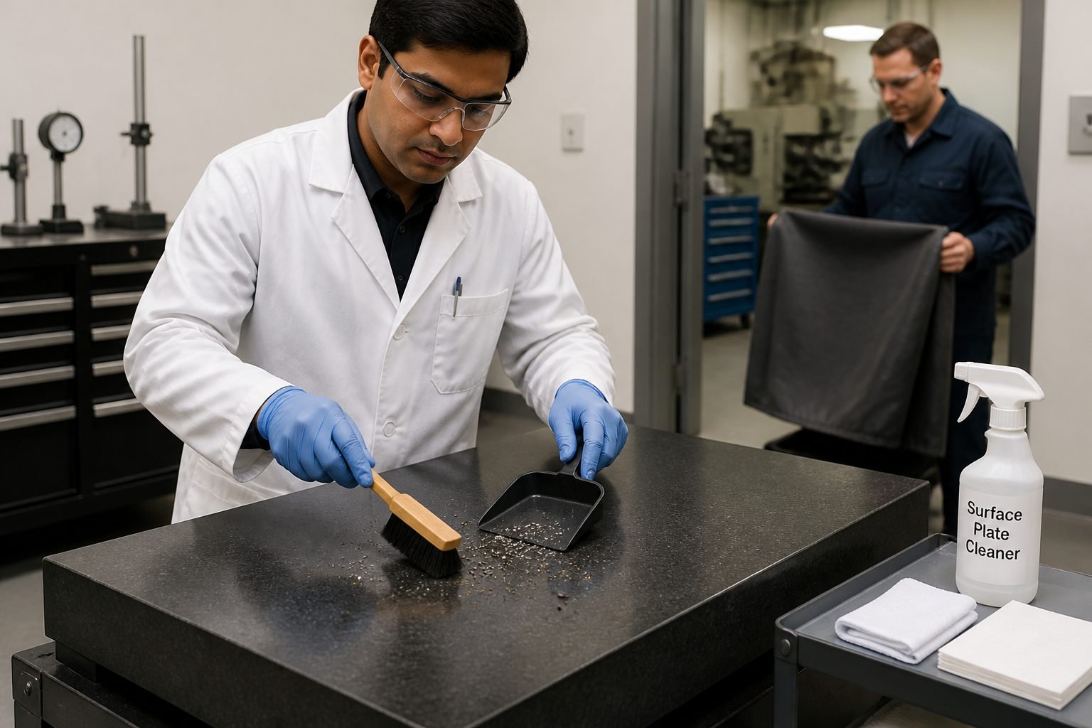 A metrology technician in gloves cleans dust and grit from a granite surface plate in a workshop lab.