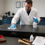 A lab technician wipes a granite surface plate and checks a daily care checklist in a metrology lab.