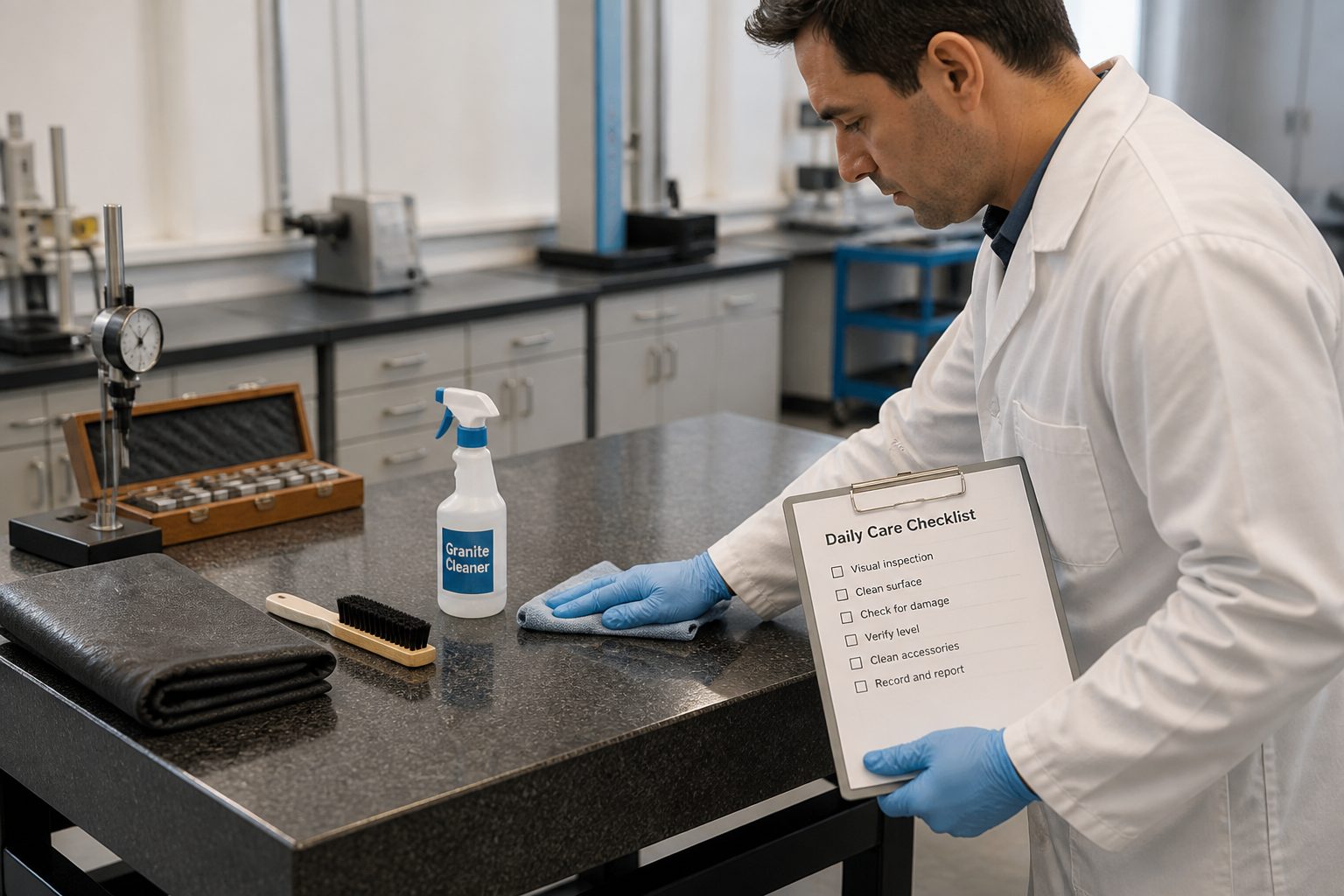 A lab technician wipes a granite surface plate while checking a daily care checklist on a clipboard in a metrology lab.