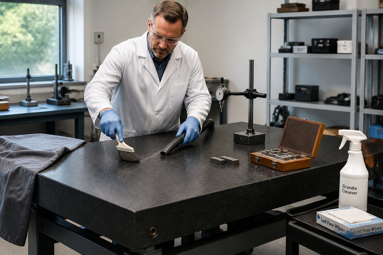 A lab technician in a metrology lab cleans a granite surface plate using a brush, microfiber cloth, and a small vacuum to remove dust and grit.