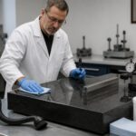 A male metrology technician wipes a granite surface plate with a microfiber cloth while dust control tools sit nearby in a calibration lab.