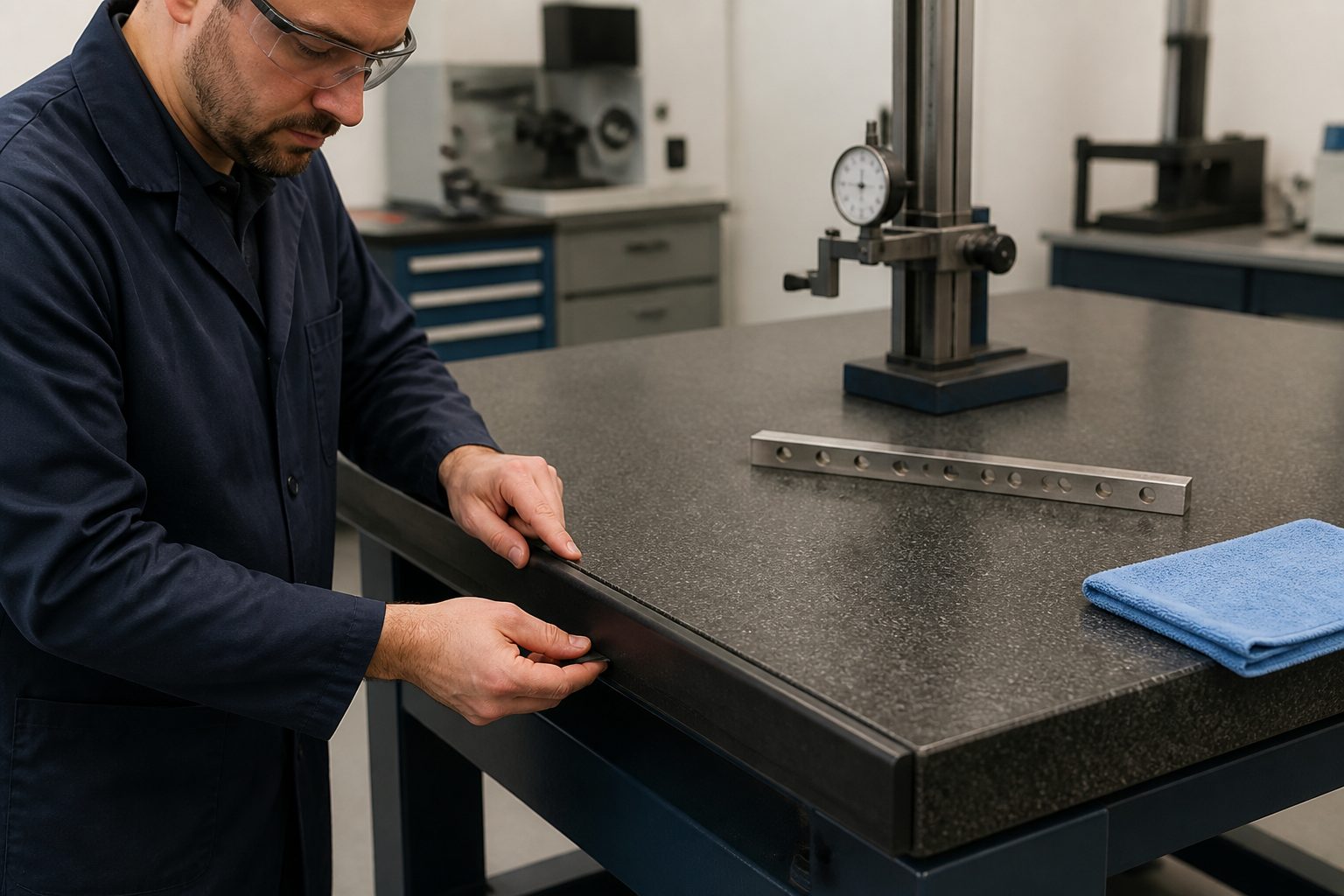 A metrology technician installs a low profile edge guard on a granite surface plate while a dial indicator stand sits on the clear top surface.