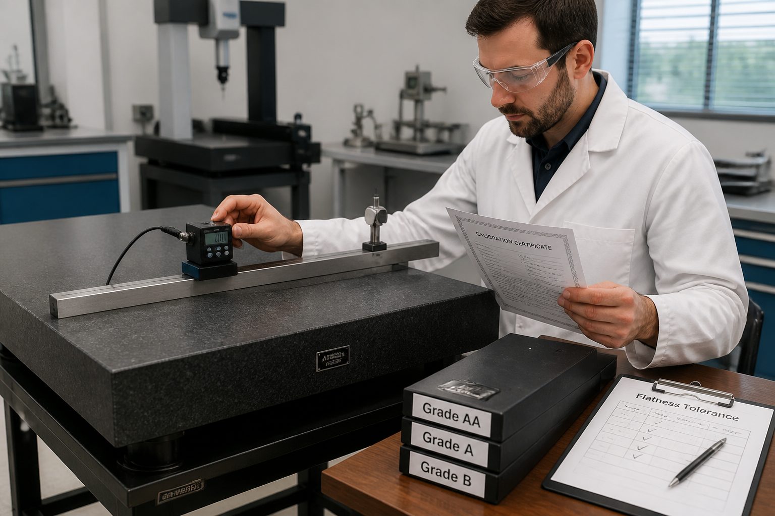 A metrology technician measures a granite surface plate flatness and compares grade certificates on a lab bench.
