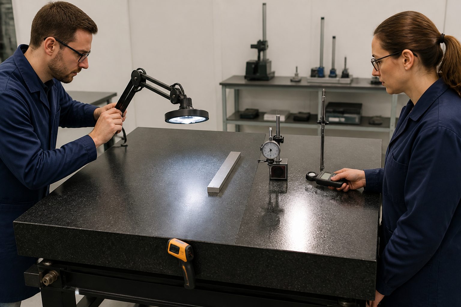 A man adjusts a diffused LED inspection light over a granite surface plate while a woman measures the light level to reduce glare without heating the surface.
