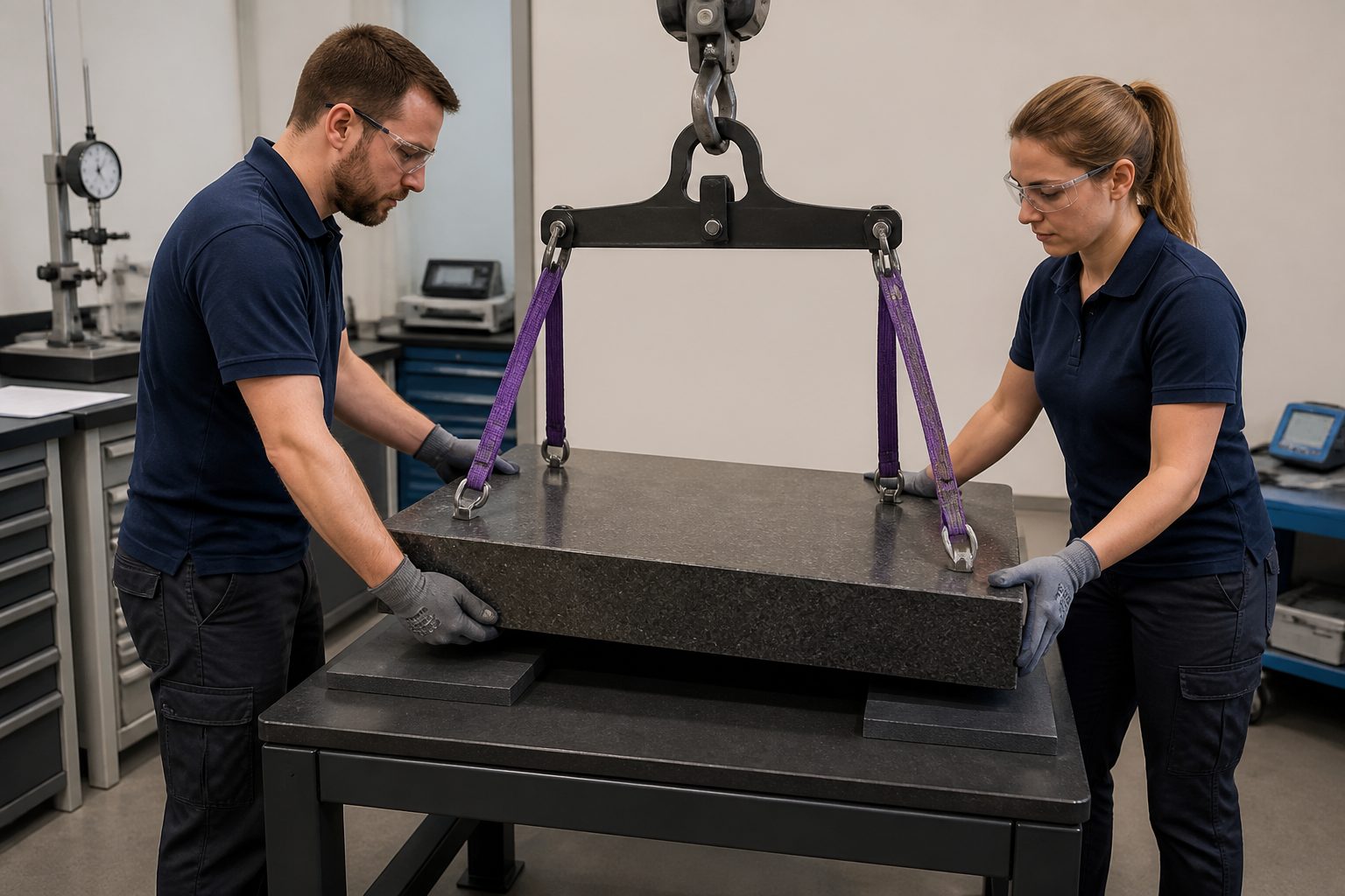 Two lab technicians use a hoist and lifting straps to carefully move a granite surface plate in a metrology lab.