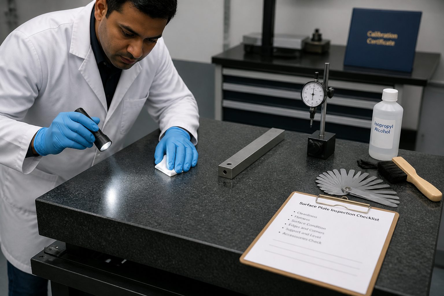 A male metrology inspector checks a granite surface plate with a flashlight and a printed inspection checklist before taking measurements.
