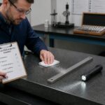 A technician inspects and wipes a granite surface plate while checking an inspection checklist on a clipboard in a metrology lab.