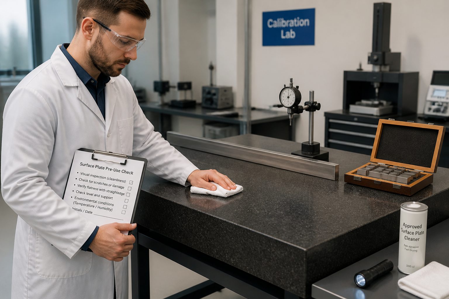 A metrology technician wipes a granite surface plate and checks it with a dial indicator while holding an inspection checklist.