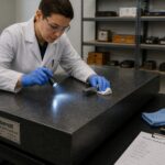 A lab technician wipes and inspects a granite surface plate using an inspection light and a checklist in a metrology lab.