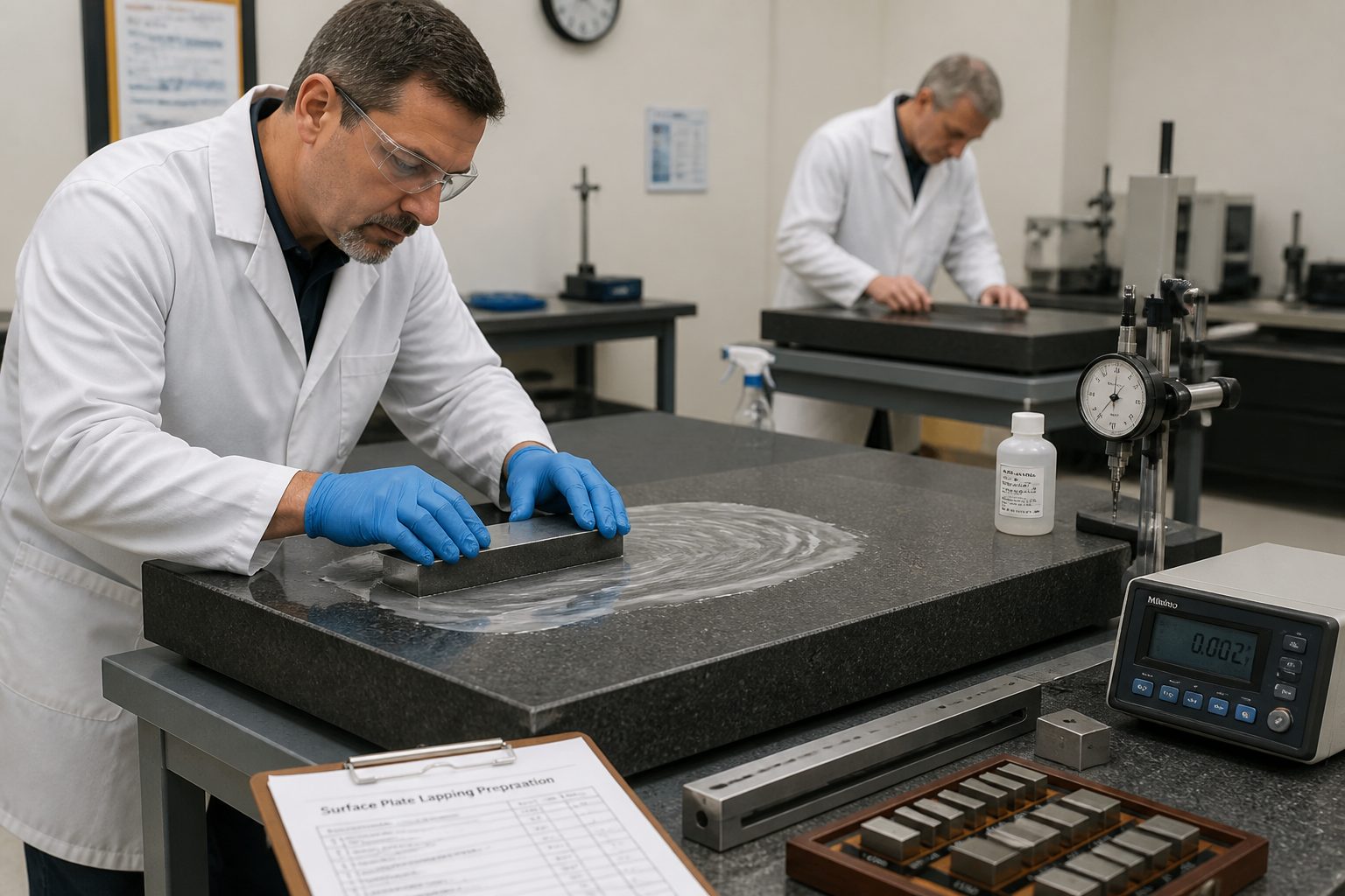 A metrology technician laps a granite surface plate with abrasive slurry while another technician checks flatness with a straightedge in a calibration lab.