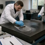 Two lab technicians lap a granite surface plate with abrasive slurry while checking flatness with a straightedge and dial indicator.