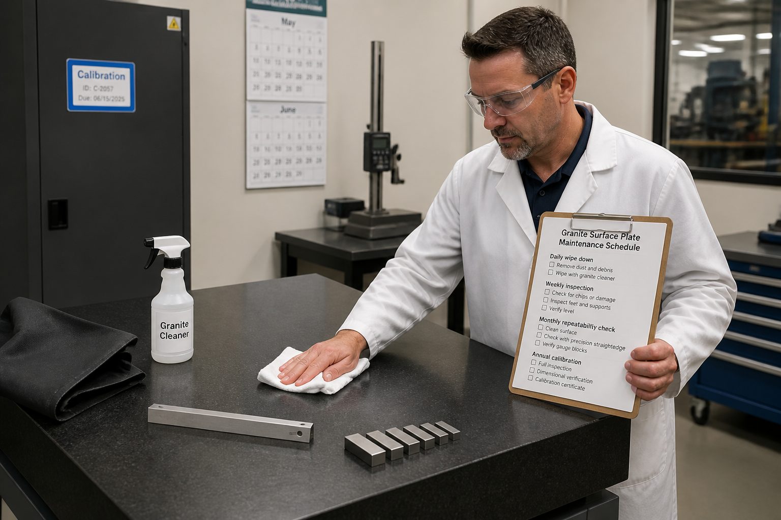 A technician wipes a granite surface plate while checking a maintenance schedule on a clipboard in a metrology room.
