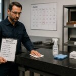 A metrology technician wipes a granite surface plate while checking a maintenance schedule on a clipboard in a shop inspection room.