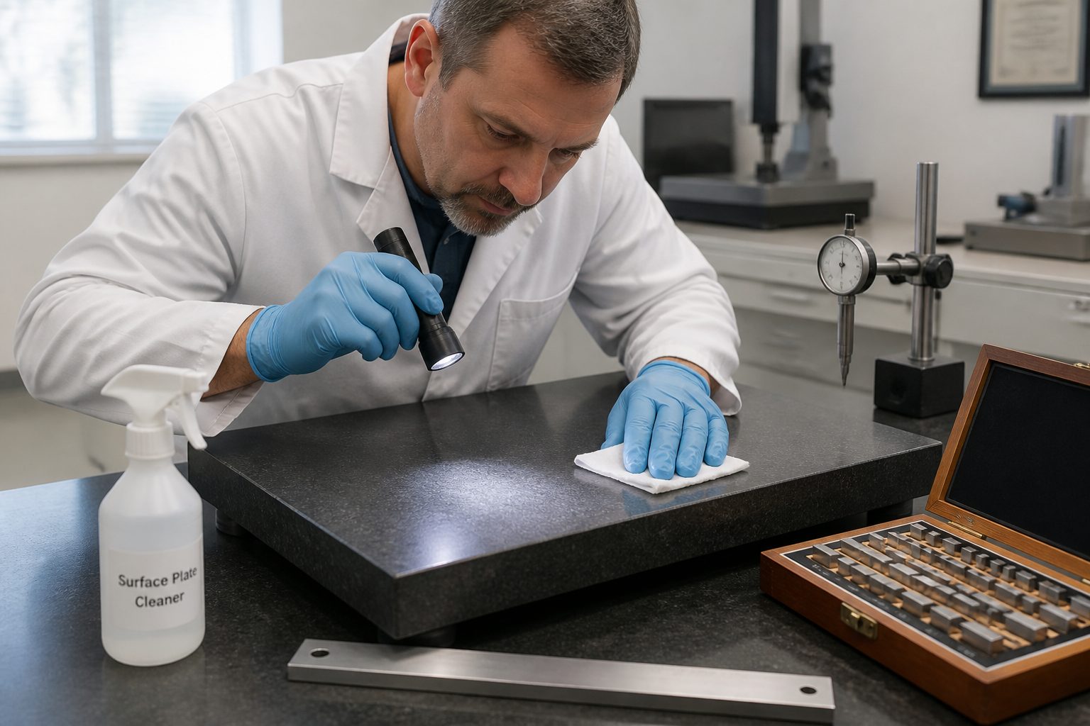 A lab technician in a metrology lab wipes and inspects a granite surface plate with a lint free cloth and cleaning spray.