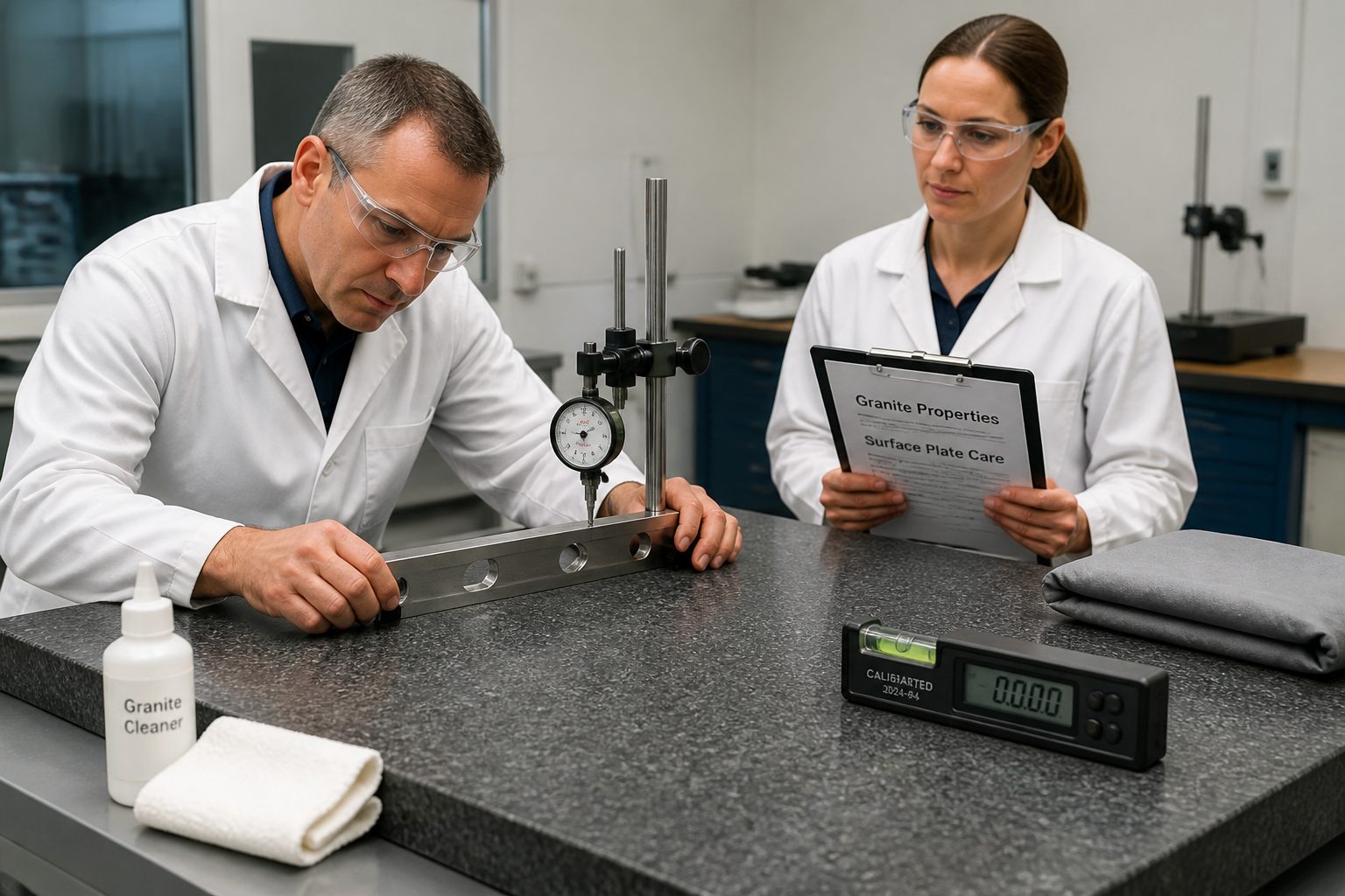 A man and a woman in a calibration lab measure a granite surface plate with a dial indicator while reviewing a granite properties care checklist.