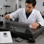 A lab technician measures and cleans a granite surface plate using precision gauges in a metrology lab.