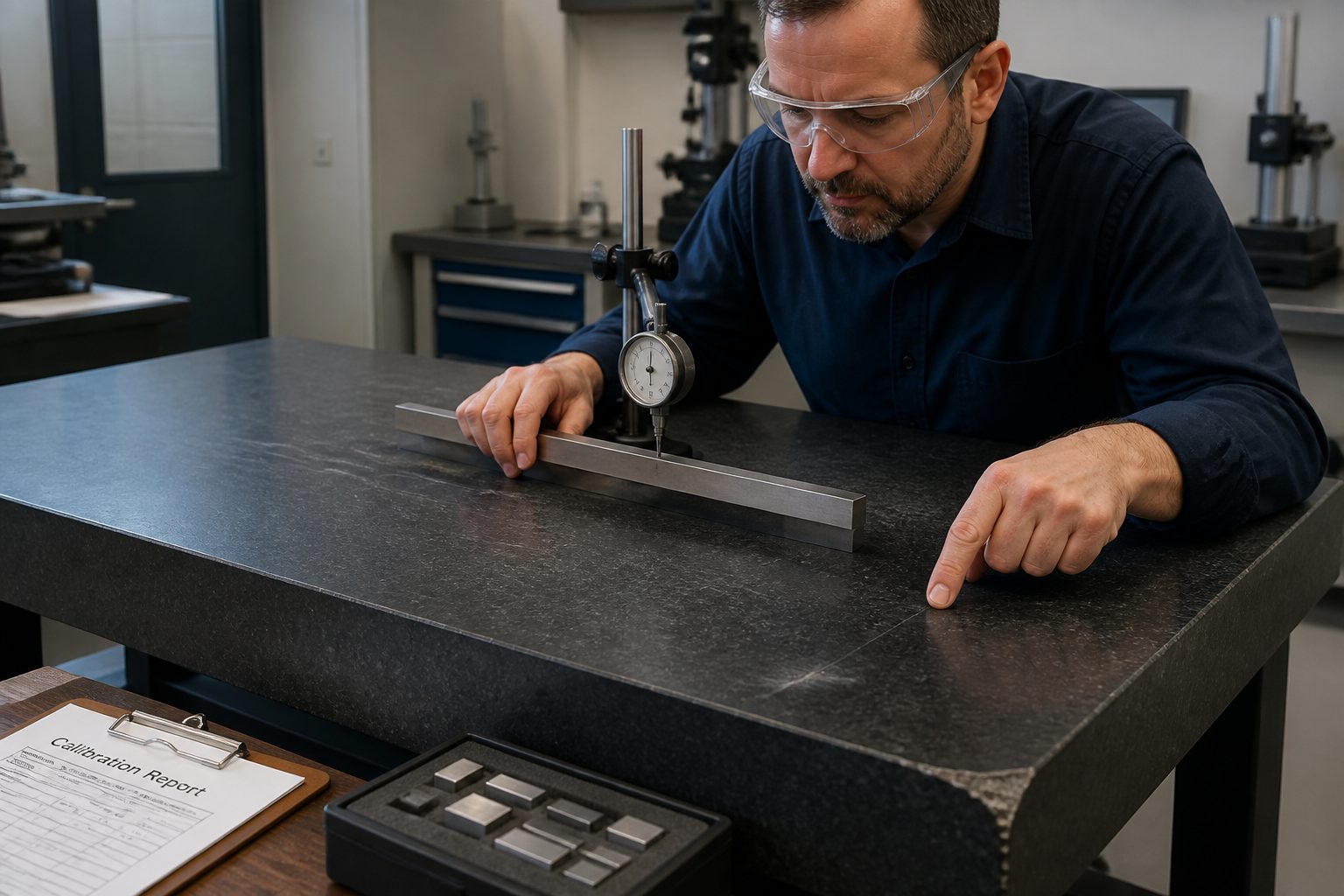 A metrology technician inspects a granite surface plate with a straightedge and dial indicator while pointing at scratches and a chipped edge.