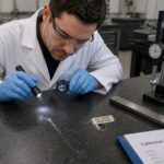 A metrology technician inspects a scratch on a granite surface plate while marking a deeper gouge to leave alone.