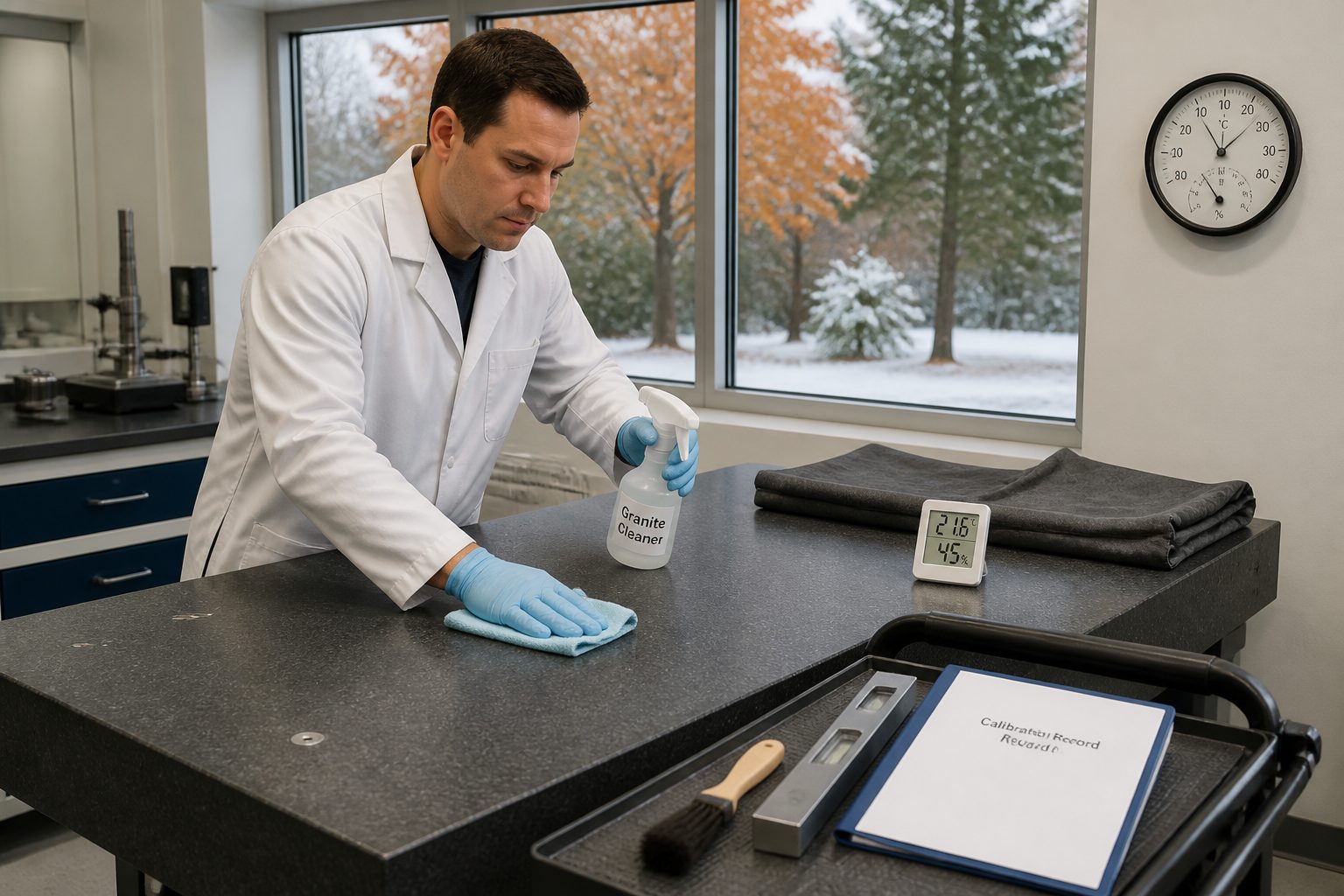 A lab technician wipes a granite surface plate with a microfiber cloth beside cleaning supplies and a humidity meter in a metrology lab.