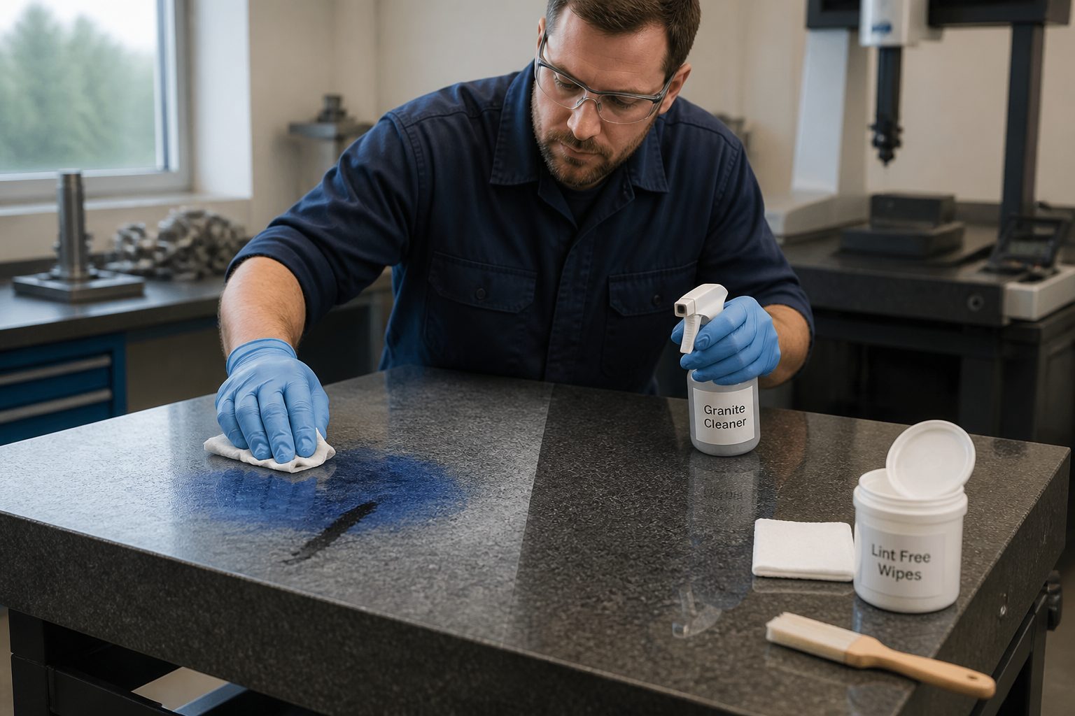 A metrology technician wearing gloves wipes ink and blue dye stains off a granite surface plate with a lint free cloth and cleaner.