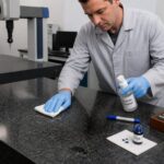 A metrology technician wearing gloves wipes ink and dye stains off a granite surface plate with a lint free cloth and granite cleaner spray.