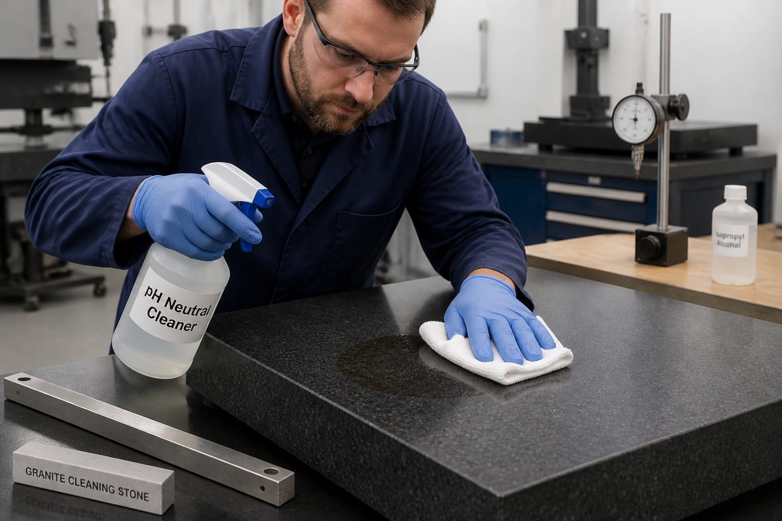 A technician wearing gloves wipes a stain off a granite surface plate using a pH neutral cleaner in a metrology lab.