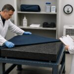 Two metrology technicians cover a granite surface plate and review a storage checklist in a calibration lab.