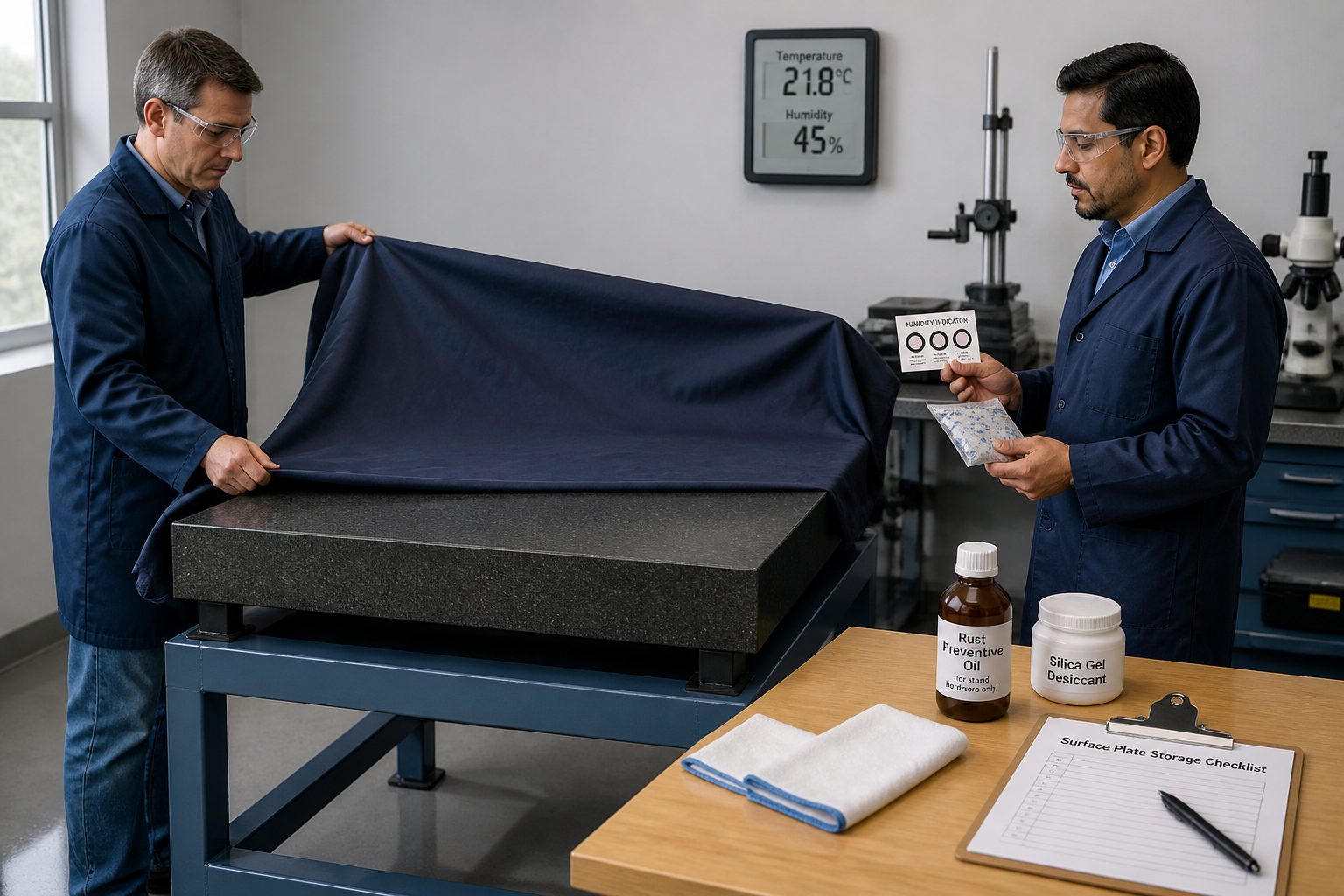 Two lab technicians cover a granite surface plate for storage while checking humidity and desiccant supplies in a metrology lab.